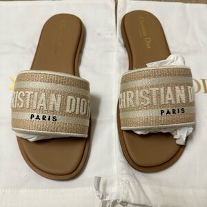 Dior Dioriviera Dway Slide Natural Raffia and White Embroidered Cotton size:37